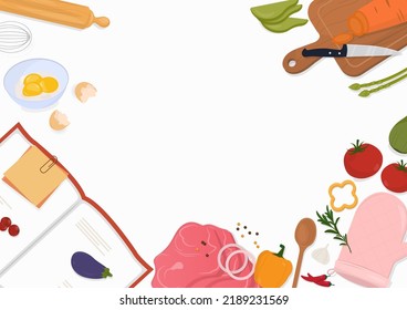 Cooking background concept. Recipe book, meat, ingredients, and kitchen utensils on white background with copy space.