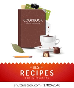 Cooking background with cookbook and coffee cup