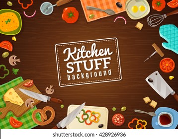 Cooking background with decorative frame containing kitchen stuff food in plates and vegetables on chopping boards vector illustration