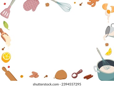 Cooking background with decorative frame. Horizontal Flyer with food items, meal ingredients. Kitchen poster design. Place for notes. Text copy space. Vector flat illustration.