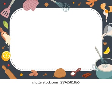 Cooking background with decorative frame. Horizontal Flyer with food items, meal ingredients. Kitchen poster design. Place for notes. Text copy space. Vector flat illustration.