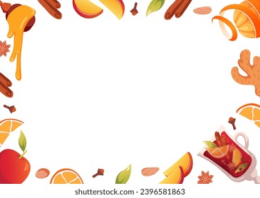 Cooking background with decorative frame. Warming winter drink ingredient Wine spices, cinnamon orange apple berry honey. Kitchen poster design. Place for notes. Text copy space. Vector illustration.