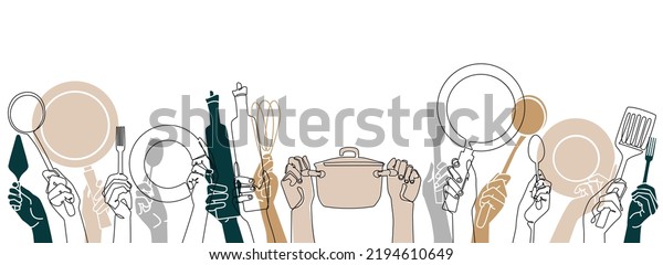 Cooking\
Background. Kitchen  pattern. People holding different utensils.\
Restaurant poster. Vector illustration.\
