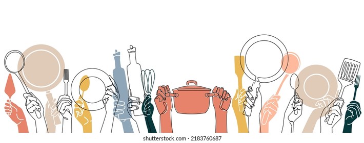 Cooking Background. Kitchen  pattern. Set of Hands with different utensils. Vector illustration. 