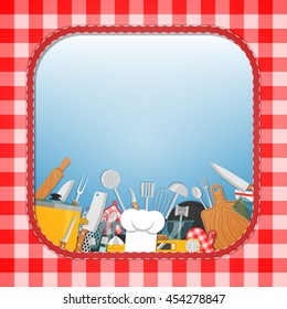 Cooking background. Lot of kitchen tools, utensils, cutlery. Vector illustration
