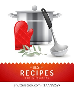 Cooking background with pan, ladle and tack