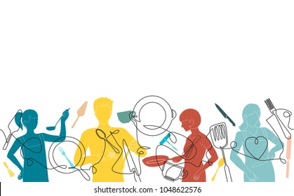 Cooking Background. Pattern with  people who cook and utensils. Vector illustration.