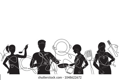 Cooking Background. Pattern with  people who cook and utensils. Vector illustration.