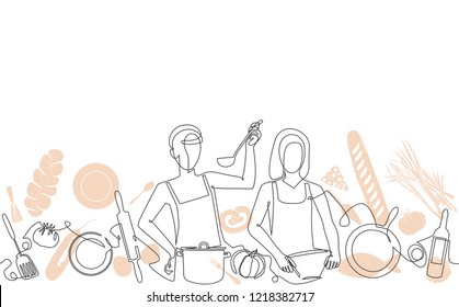 Cooking Background. Pattern with people who cook, utensils and food. Vector illustration.