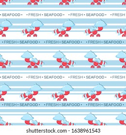 Cooking background, pattern. Red crab chef. Fresh seafood. Vector Red crab in a hat holds a dish. Design for textiles, packaging materials, background for recipe, menu.