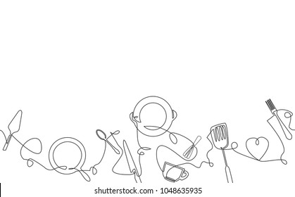 Cooking background. Pattern with utensils. Continuous drawing style.  Poster with cutlery. Vector illustration.