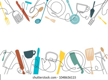 Cooking background. Pattern with utensils. Continuous drawing style. Poster with cutlery.Vector illustration.