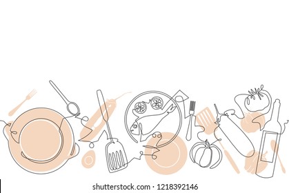 Cooking background. Pattern with utensils and food. Vector illustration.