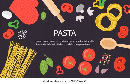 Cooking background with raw pasta, tomatoes, mushrooms, spices on wooden table background, top view, vector illustration