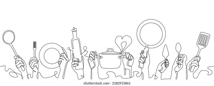  Cooking Background. Restaurant poster. Horizontal seamless pattern with Hands Holding different Kitchen Utensils.Vector illustration. Continuous line drawing style.