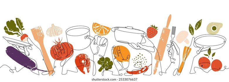 Cooking Background. Restaurant poster. Horizontal pattern with Hands Holding different Kitchen Utensils and Food.Vector illustration. Continuous line drawing style combined with grunge silhouettes.