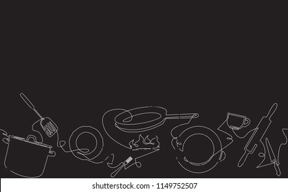 Cooking Background. Seamless Horizontal Pattern with Cutlery. One line drawing of Kitchen Utensils isolated on black. Chalkboard style. Vector Illustration.