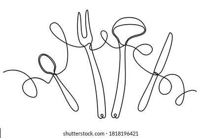 Cooking. Background with Utensils. Forks, knives, spoons. Continuous drawing style. Vector illustration.