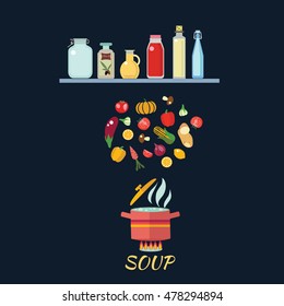  Cooking background with vegetables. Boiled water in pan. Vegetables in hot water. Soup recipe in flat cartoon style illustration