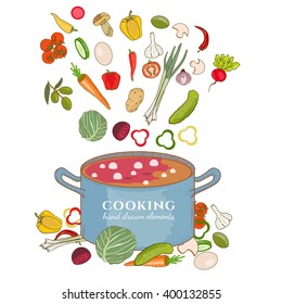 Cooking background vegetables fly in a pan hand drawn elements