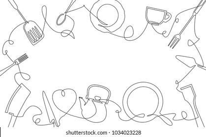 Cooking Background for your Design Works. One Line Drawing of Isolated Kitchen Utensils.  Vector illustration.