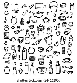 Cooking & Backing doodle set icons, Kitchenware stylish design vector elements isolated on a white background. 