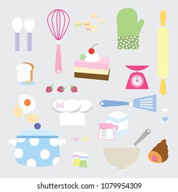 the cooking bakery kitchenware set with sweet dessert icon logo label sticker template background,flat vector illustration cartoon design isolated