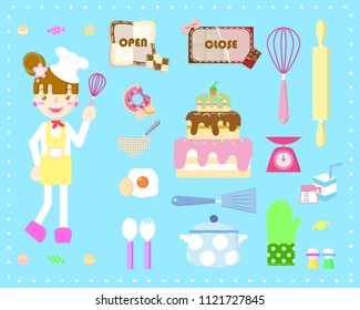 cooking bakery sweet dessert and kitchenware set with the girl,donut,cake,egg,flipper,spoon,rolling pin,whisk,milk,pot and text box,background,flat vector illustration cartoon character costume design