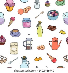 Cooking bakery, sweets, breakfast tea and coffe seamless background. Vector illustration tasty food