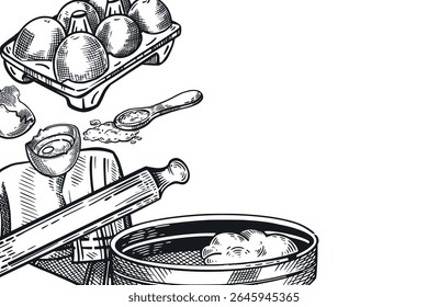 Cozimento, cozimento, massa. Uma peneira com farinha, um rolo, uma toalha, um ovo de galinha, uma célula com ovos, uma colher com açúcar. A ilustração é adequada para desenhar receitas, imprimir em tecido, papel.