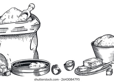 Cooking, baking, flour packaging, sieve, chicken egg, butter, bowl of dough. All objects are hand-drawn with ink. Vector illustration is suitable for printing in bakeries, stores, on food packaging.