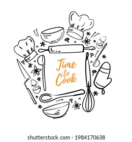 Cooking, baking and food background. Cooking banner for menu, recipes at cafe, pastry shop, bakery. Square doodle frame. Nice design and decorate element or card for bakery, pastry shop.