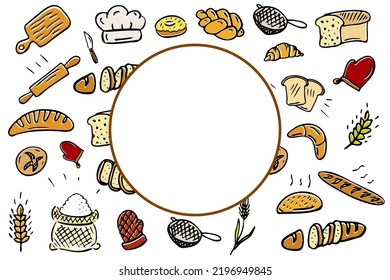 Cooking, baking and food background. Cooking banner for menu, recipes at cafe, pastry shop, bakery. Circle doodle frame. Nice design and decorate element or card for bakery, pastry shop.