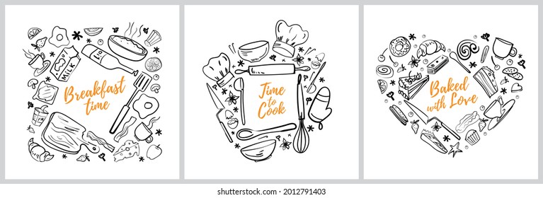 Cooking, baking and food background set. Cooking banner for menu, recipes at cafe, pastry shop, bakery. Square and heart doodle frame. Nice design and decorate element or card for bakery, pastry shop.