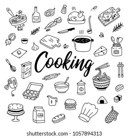 Cooking and baking hand drawn doodle   Illustration with kitchen utensils, food, cake, eggs, noodles, sushi, soup pan, fish, fried chicken icons.