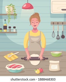 Cooking baking hobby flat cartoon composition with woman creating homemade sweets and treats desserts vector illustration