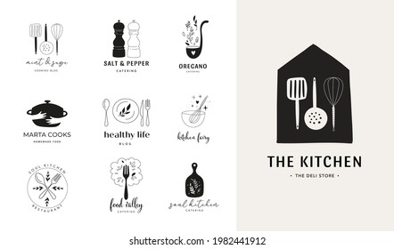 Cooking, baking and homemade food collection of hand drawn logos. Trendy modern illustrations, coffee shop and restaurant concept logo design