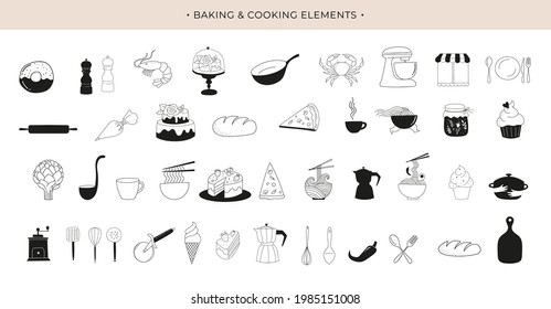 Cooking, baking and homemade food collection of hand drawn elements. Trendy modern illustrations, coffee shop and restaurant concept logos, icon design