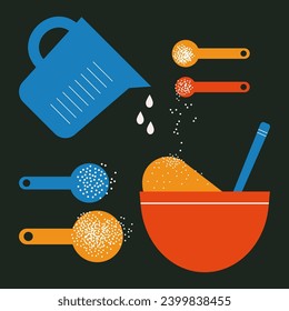 Cooking and baking ingredients collection. Baking tools and process of making dough, pastries. Flat vector illustration. Preparation food concept. Cooking cup, measuring spoons. Trendy abstract style.