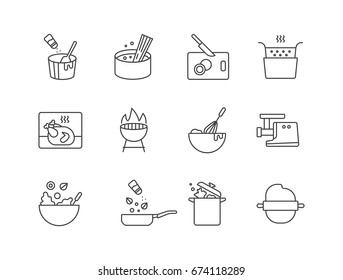Cooking and baking line icons set. Cooking process and techniques.