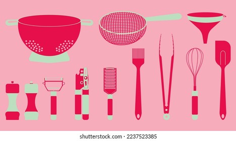 Cooking and Baking Needs in Viva Magenta Color, Kitchen Tool Collection - Vector Illustration, Utensils