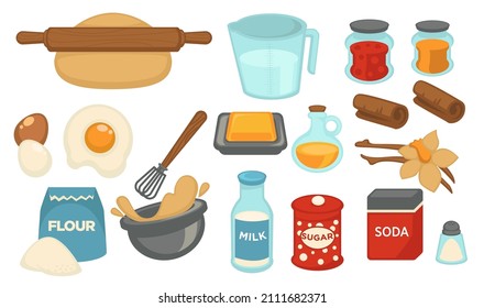 Cocina y horneado, preparando ingredientes para la comida. Harina y huevos, gaseosa y especias, mantequilla y leche, sal y extracto de vainilla con canela. Panadería o hazlo tú mismo. Vector de estilo plano