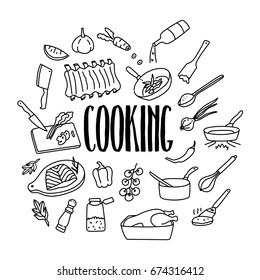 Cooking and baking process and techniques hand drawn doodle icons. Set of food and kitchen utensils.