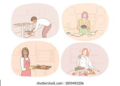 Cooking, baking, recipe, chef, cook, food concept. Young people men and women cooking food at home, baking, making healthy dishes and enjoying time in kitchen vector illustration. Gourmet, homemade