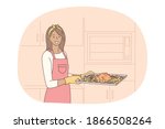 Cooking, baking, recipe concept. Young smiling woman in apron and gloves carrying tray with roasted chicken in vegetables in kitchen for dinner. Gourmet food, homemade dish, healthy diet illustration 