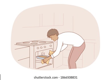 Cooking, baking, recipe concept. Young smiling man cartoon character putting home-made pie or cake to oven for baking in kitchen. Gourmet food, homemade cake, healthy diet vector illustration 