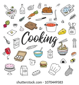 Cooking and baking related colored  hand drawn doodle illustration with kitchen utensils, food, desserts.