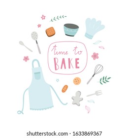 Cooking and baking theme vector card with cute ingredients, kitchenware and food preparation equipment