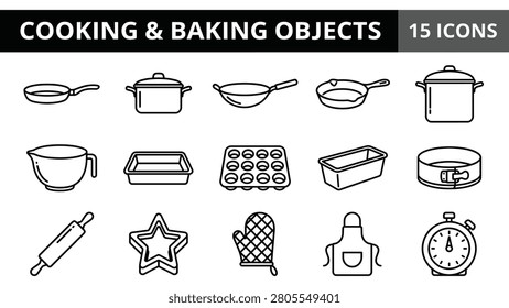 Cooking and Baking Utensils Icon Set: Pans, Pots, Molds, and Tools