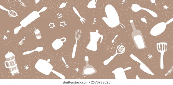 Cooking Banner with cute hand drawn kitchen stuff, home culinary appliances, beige (mocha mousse) and white colors. Pan, spoon, knife, mocha, botle, salt, rolling pin, potholder, flour etc.